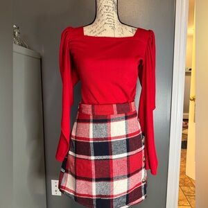 Red Plaid Skirt and Shirt